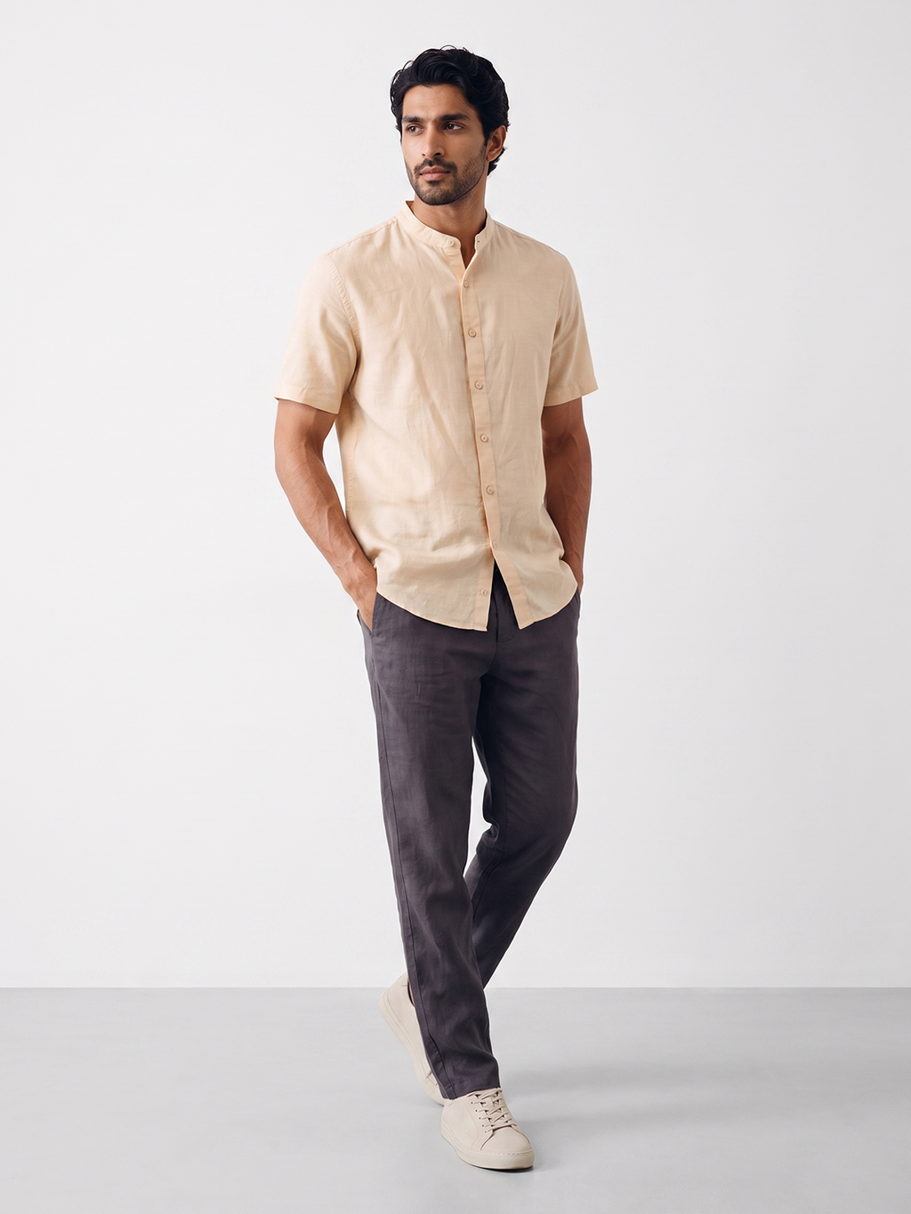 Men's Cotton Linen Regular Fit Shirt Peach