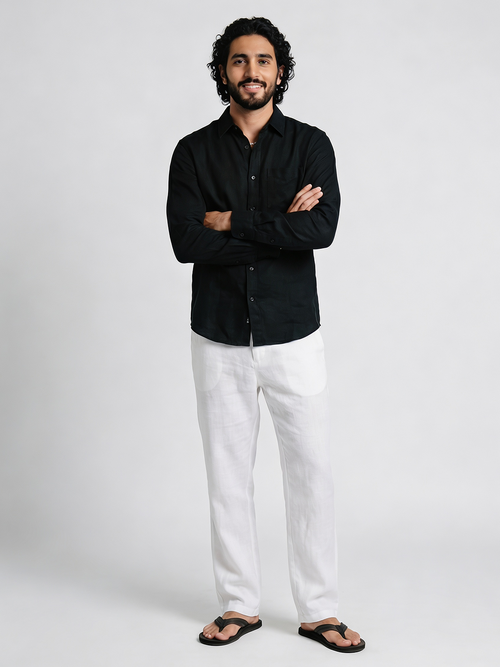 Men's Black 100% Linen Regular Fit Shirt