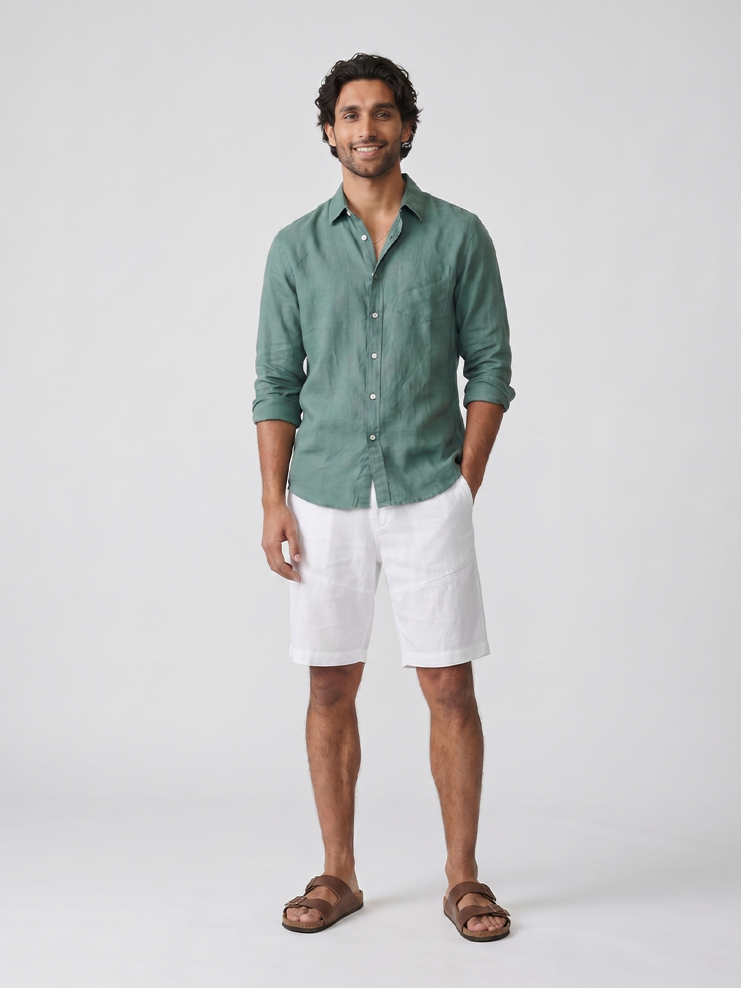 Men's Dk Green 100% Linen Regular Fit Shirt