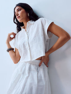 Women's 100% Cotton Cropped Button Blouse White