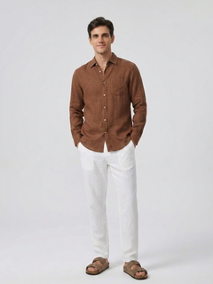 Men's Brown 100% Linen Regular Fit Shirt