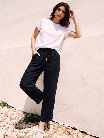 Women's Black 100% Linen Regular Fit Pant