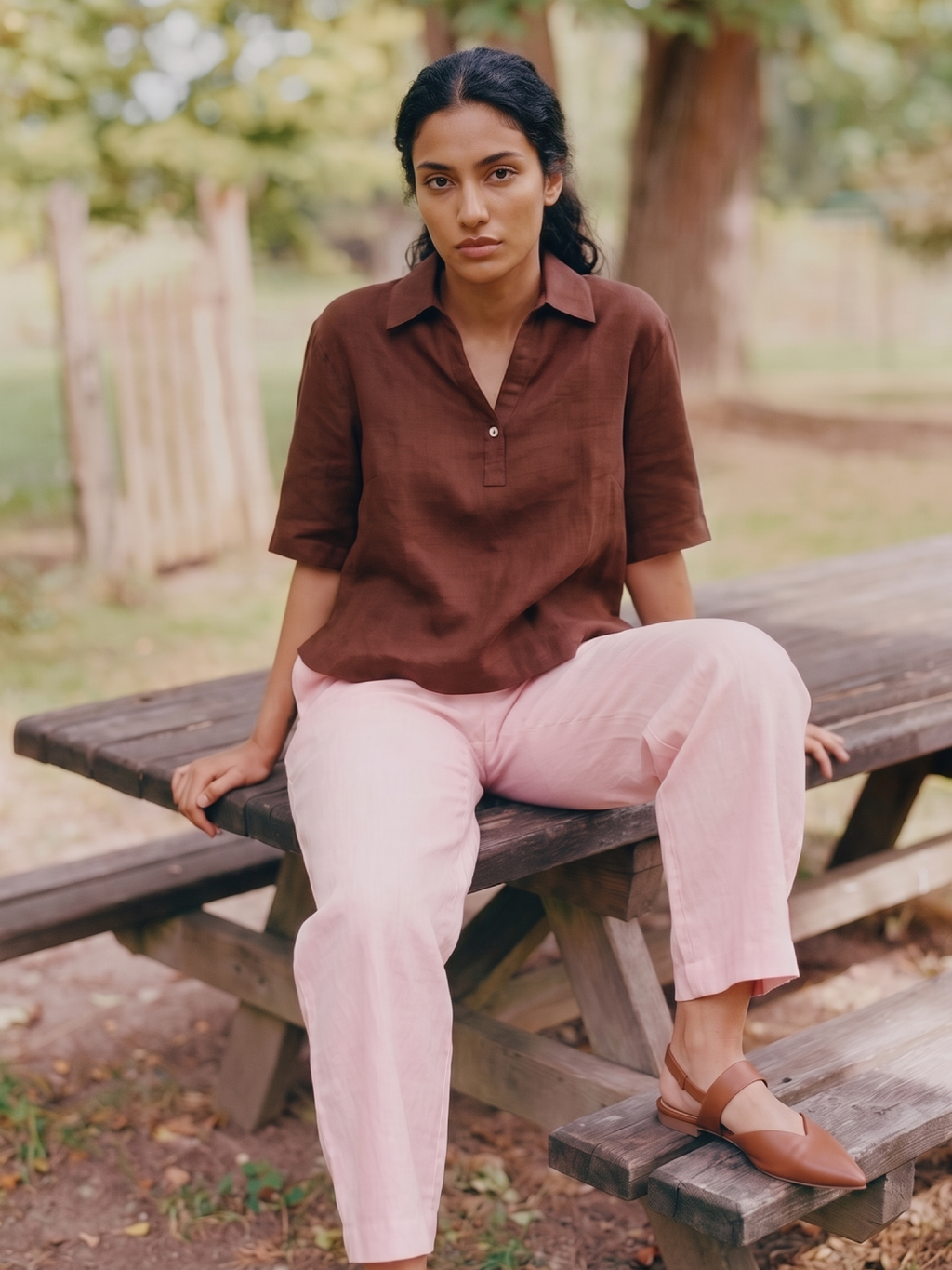 Women's 100% Linen Boxy Fit Blouse Brown