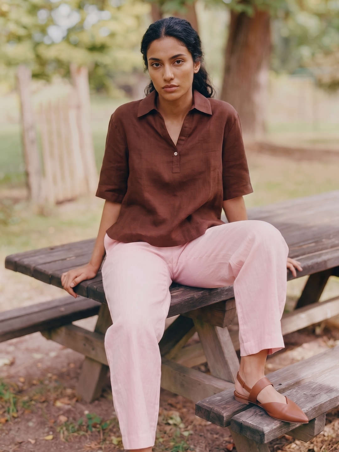 Women's 100% Linen Boxy Fit Blouse Brown