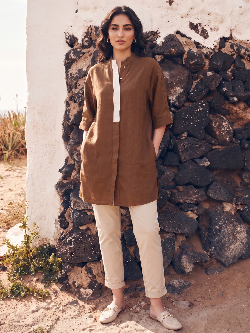Women's Brown 100% Linen Boxy Fit Kurta