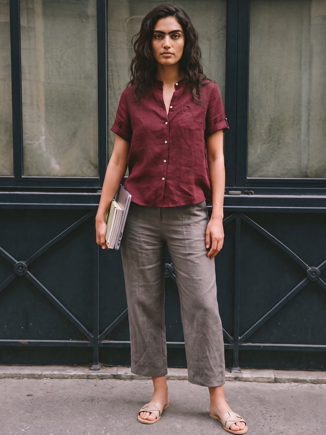Women's 100% Linen Regular Fit Blouse Maroon