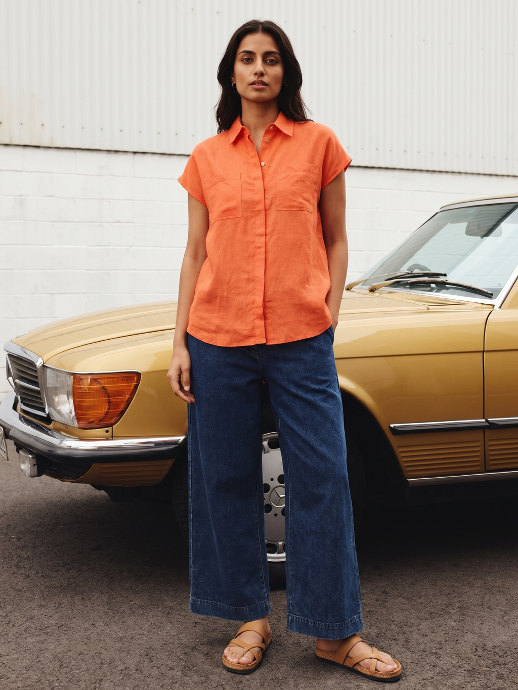 Women's 100% Linen Relax Fit Blouse Orange