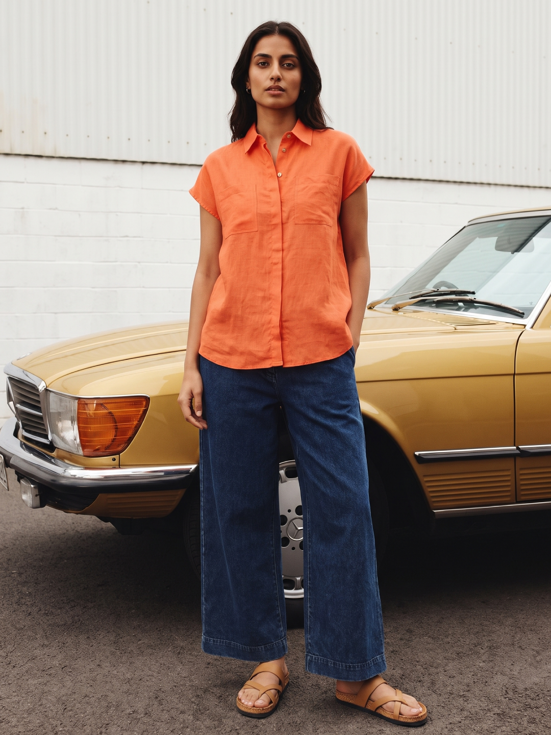 Women's 100% Linen Relax Fit Blouse Orange