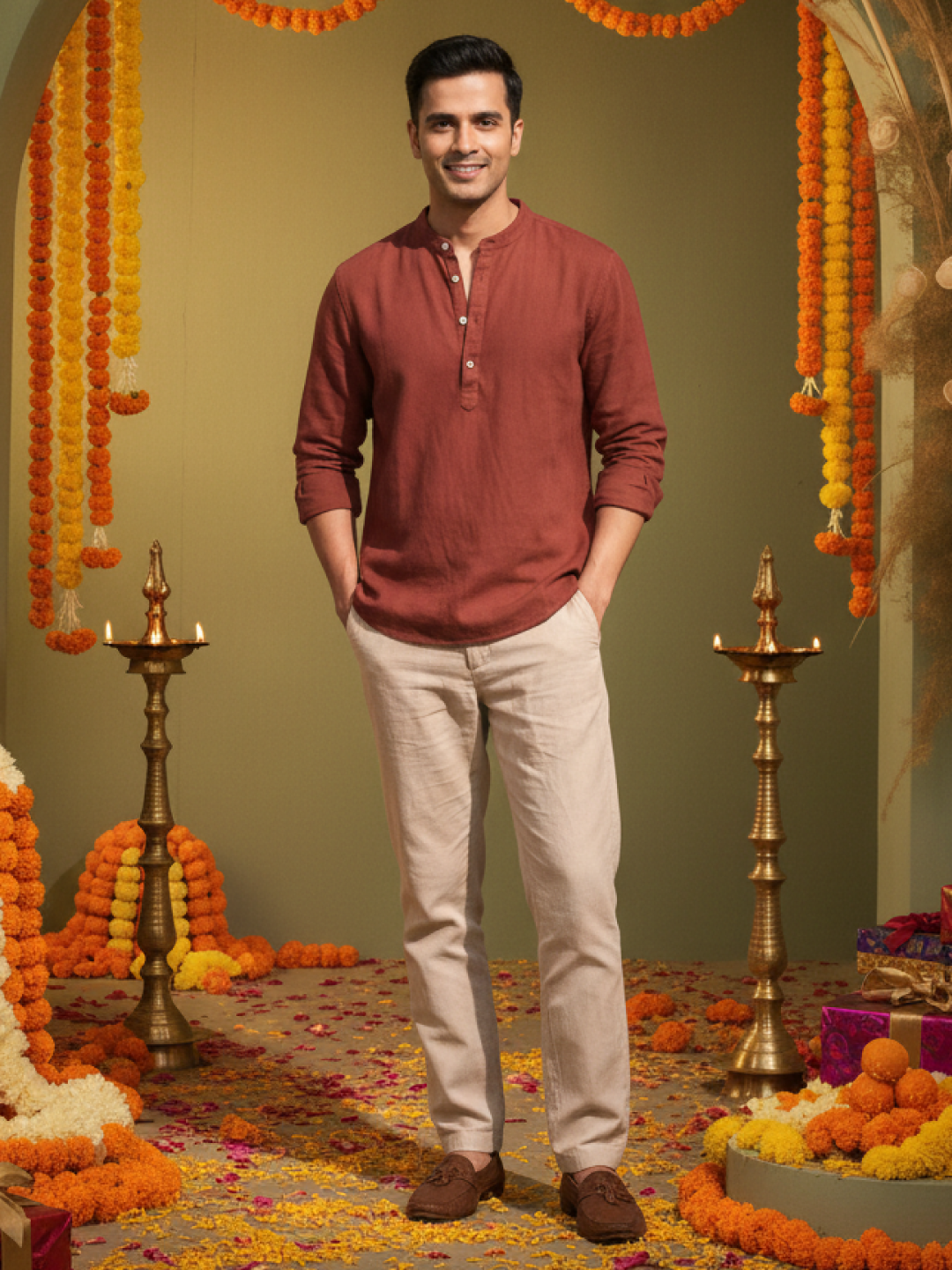 Men's Rust 100% Cotton Regular Fit Kurta Shirt