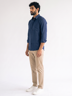 Men's Navy Cotton Linen Regular Fit Shirt