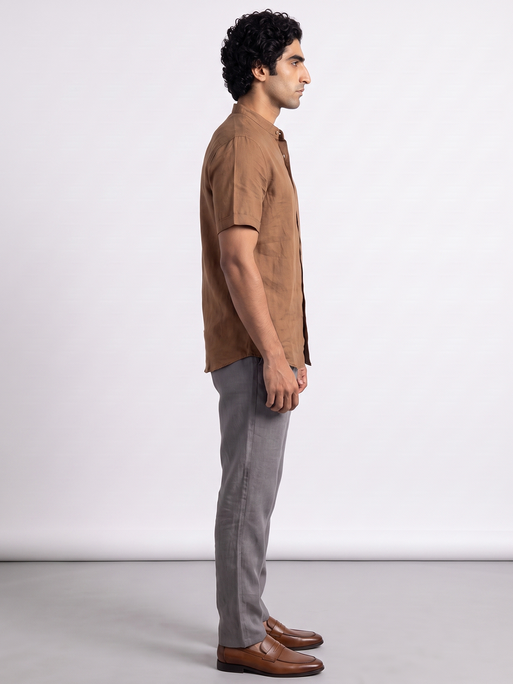 Men's Cotton Linen Regular Fit Shirt Brown
