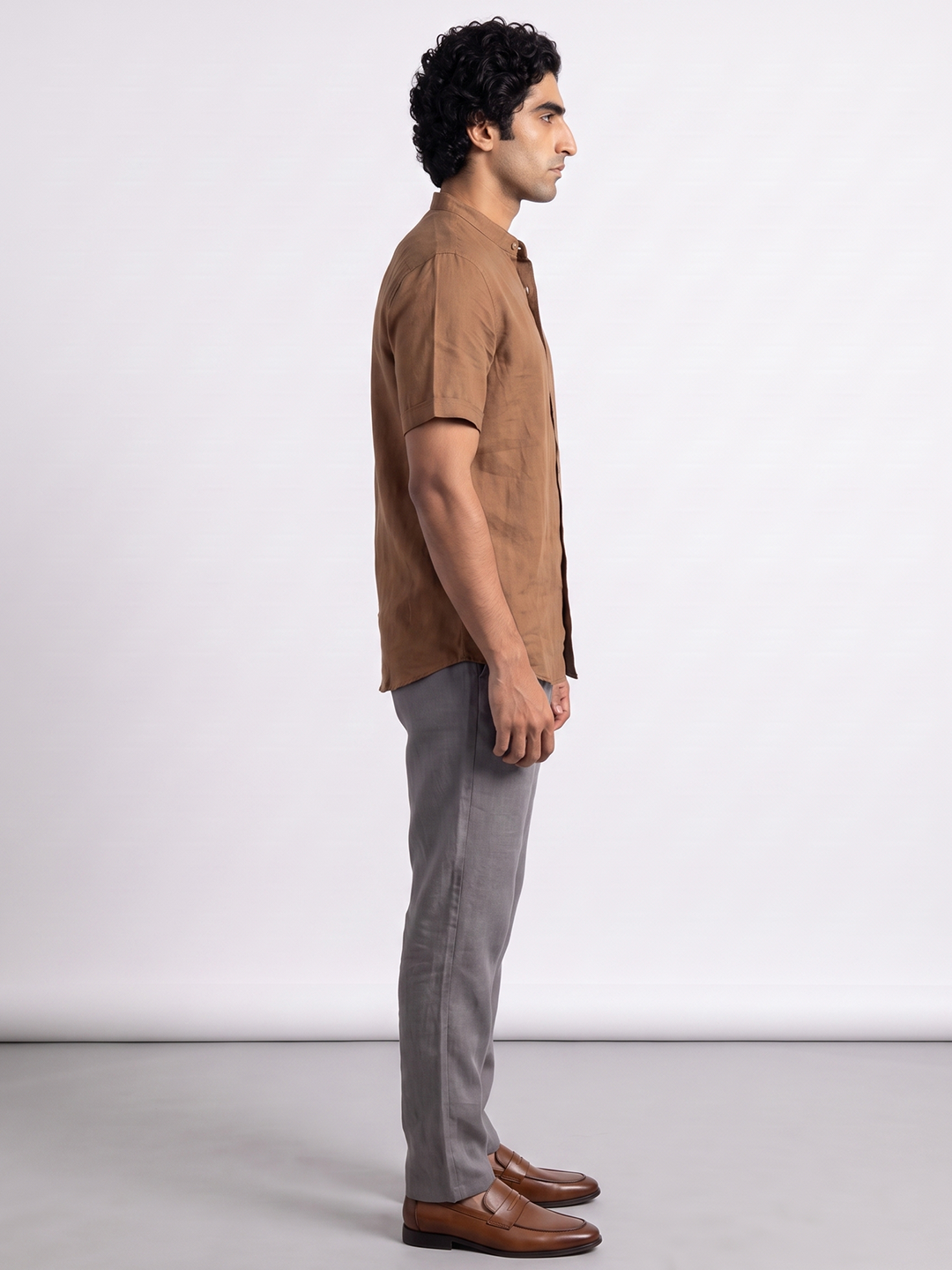 Men's Cotton Linen Regular Fit Shirt Brown