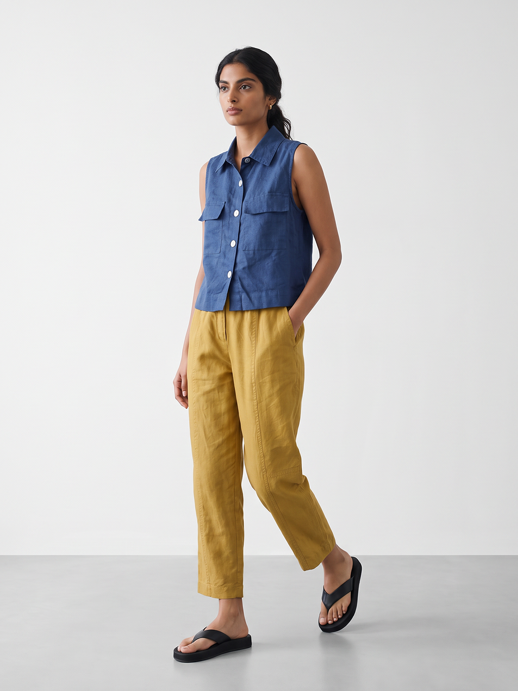 Women's 100% Linen Regular Fit Blouse Navy
