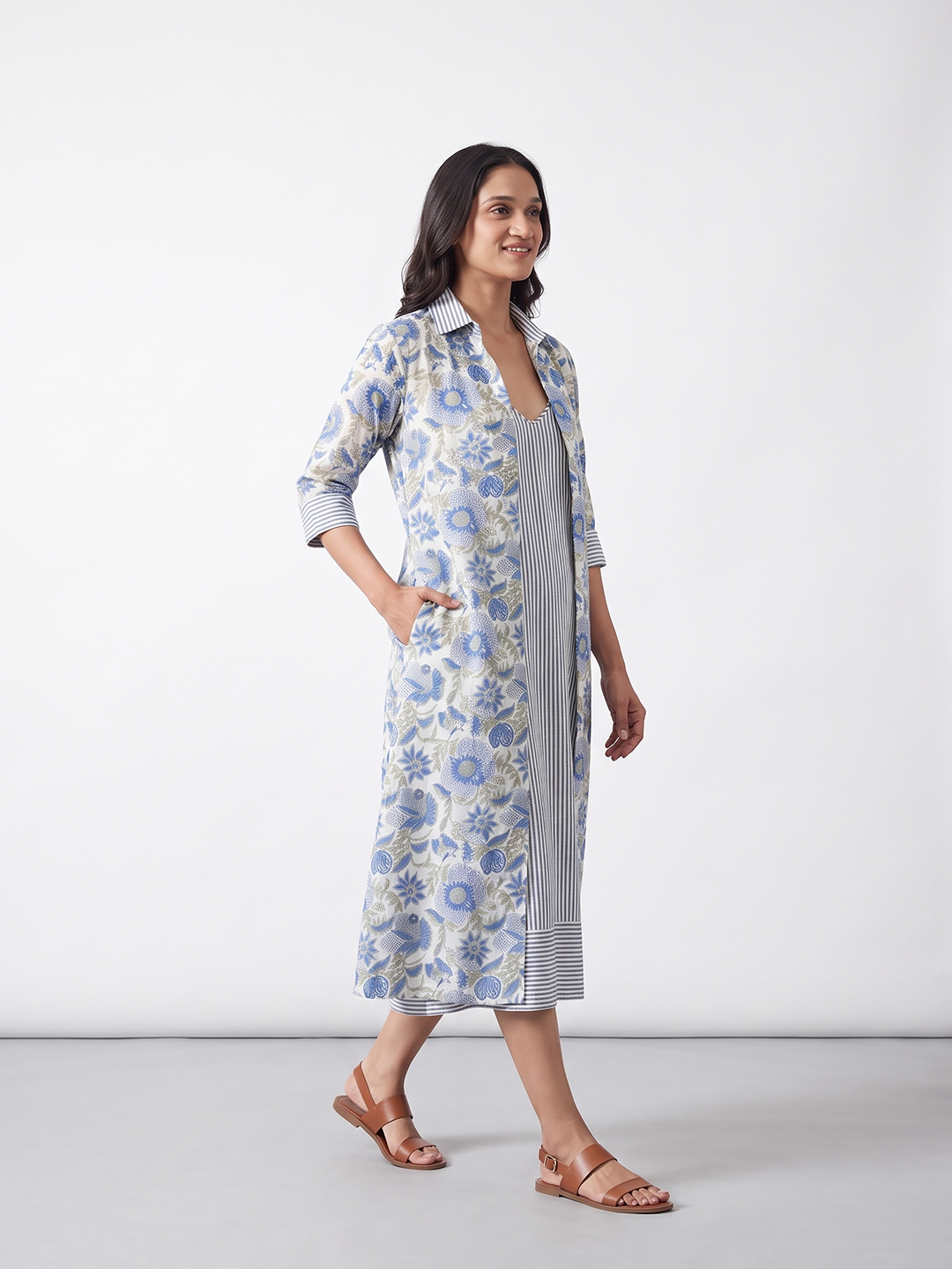 Women's Cotton Silk Regular Fit Dress Blue