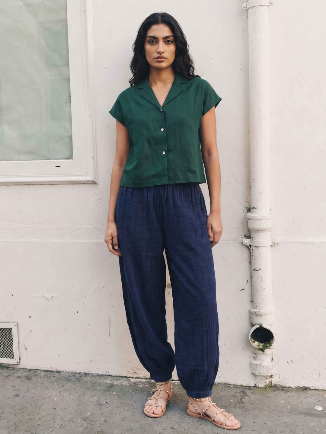 Women's 100% Linen Regular Fit Blouse Green