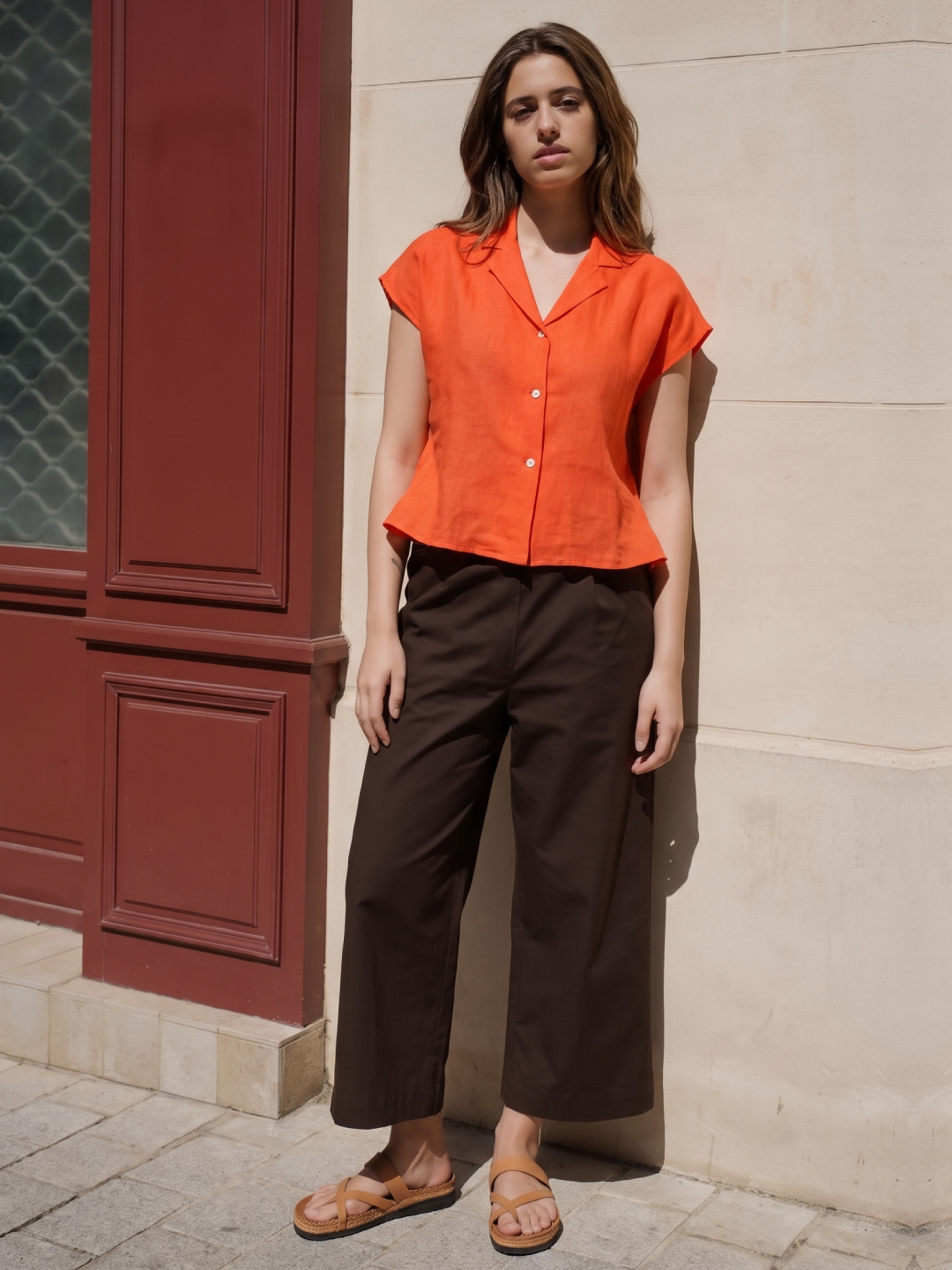 Women's 100% Linen Regular Fit Blouse Coral