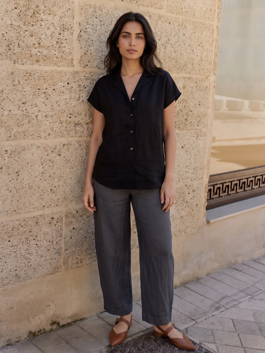 Women's 100% Linen Regular Fit Blouse Black