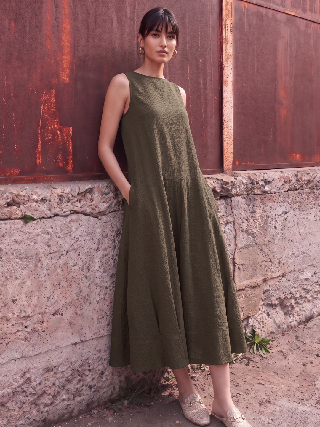 Women's Brown 100% Cotton Regular Fit Dress