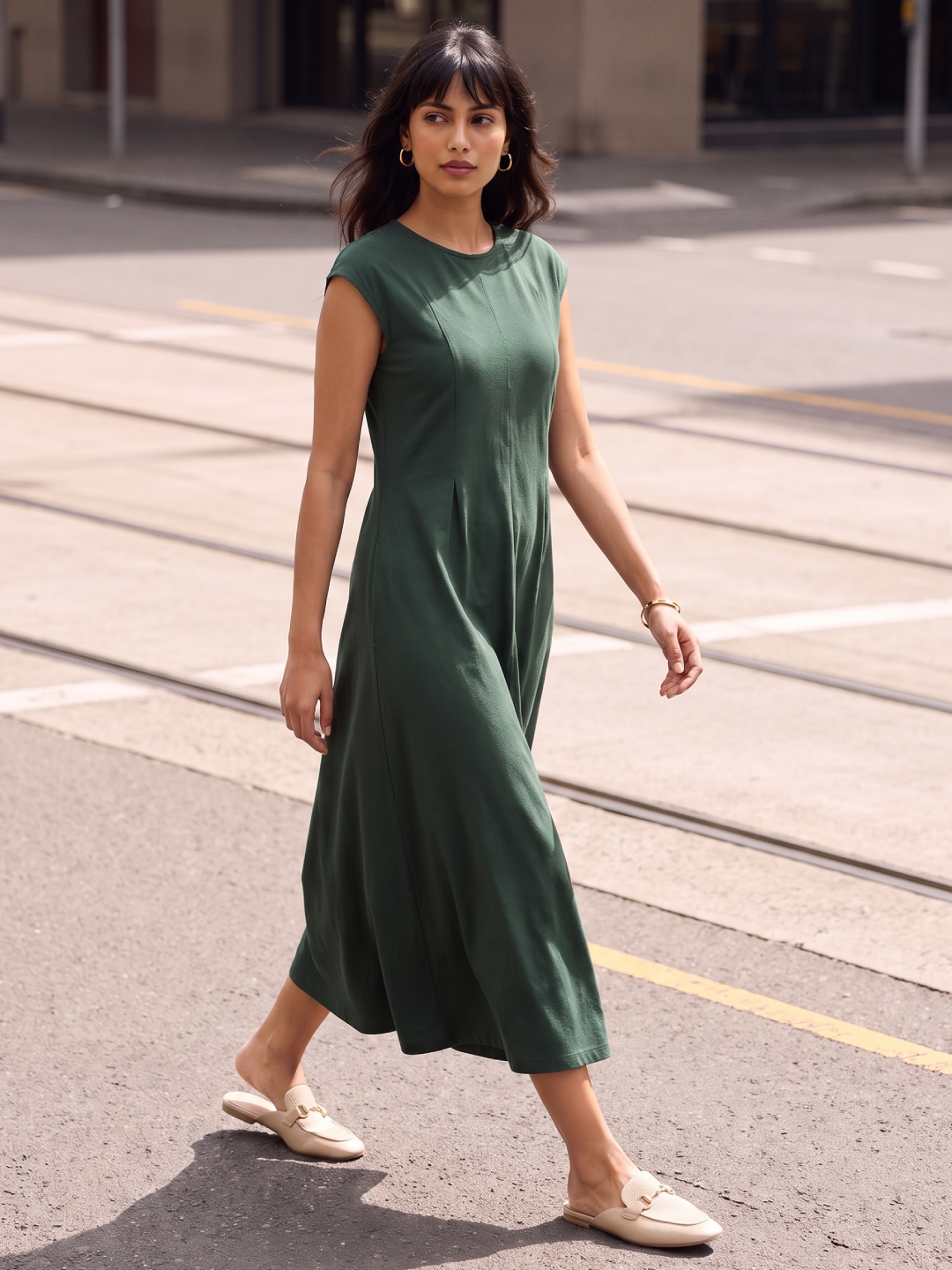 Women's Green 100% Organic Cotton Regular Fit Knit Dress