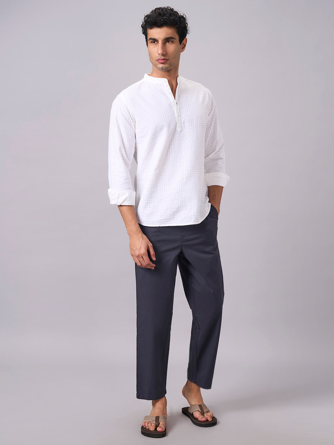 Men's Navy Cotton Lycra Regular Fit Pant