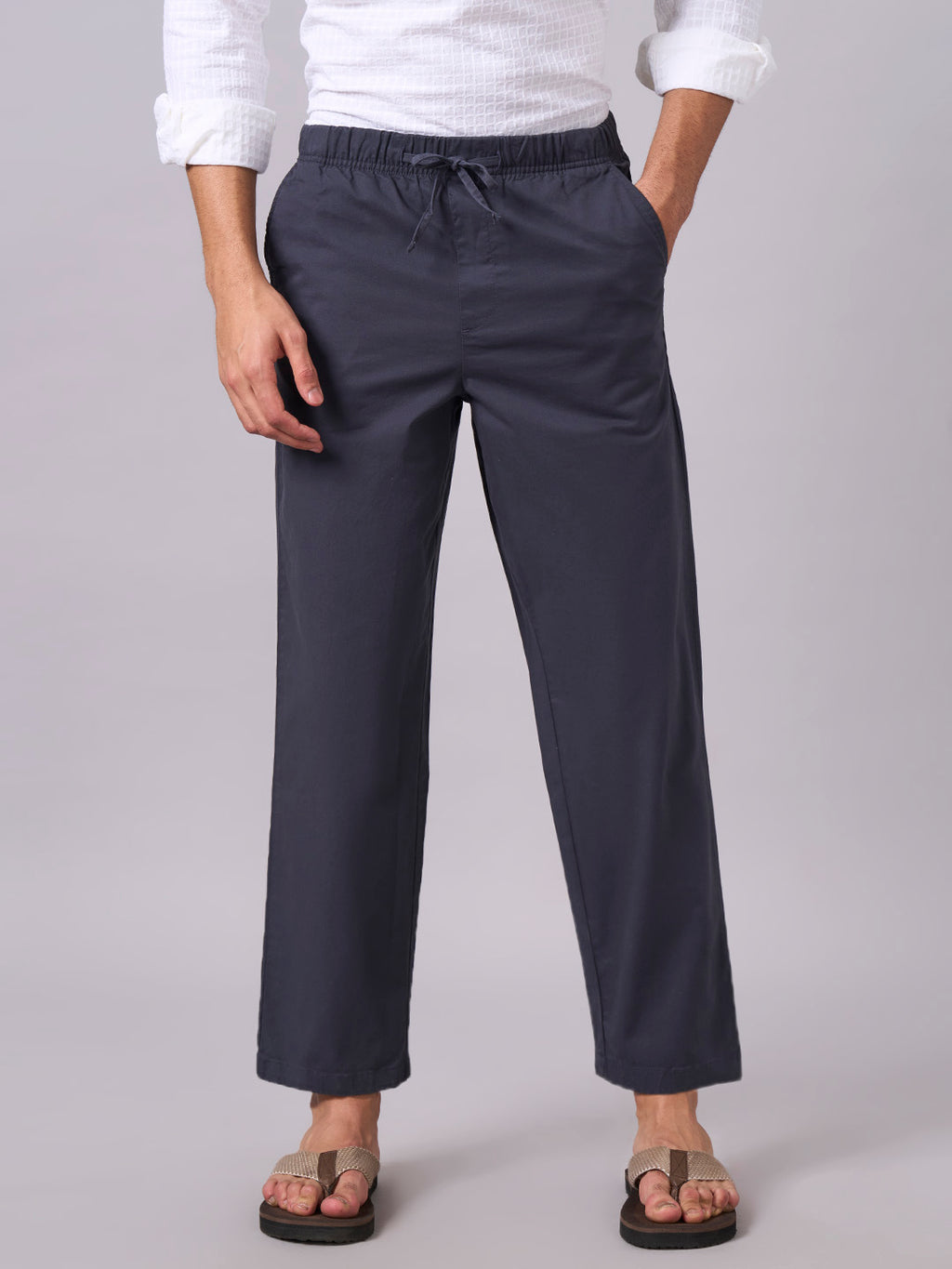 Men's Navy Cotton Lycra Regular Fit Pant