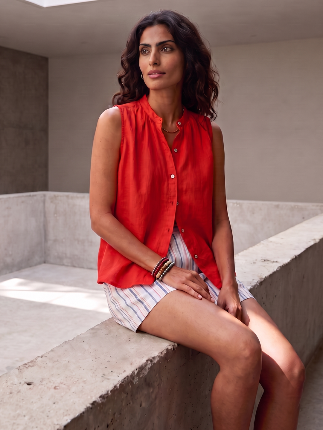 Women's Red 100% Linen Regular Fit Blouse