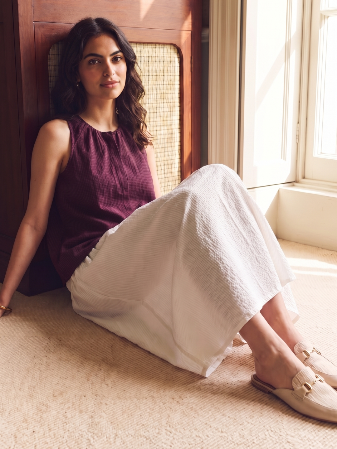 Women's Maroon 100% Linen A Line Blouse