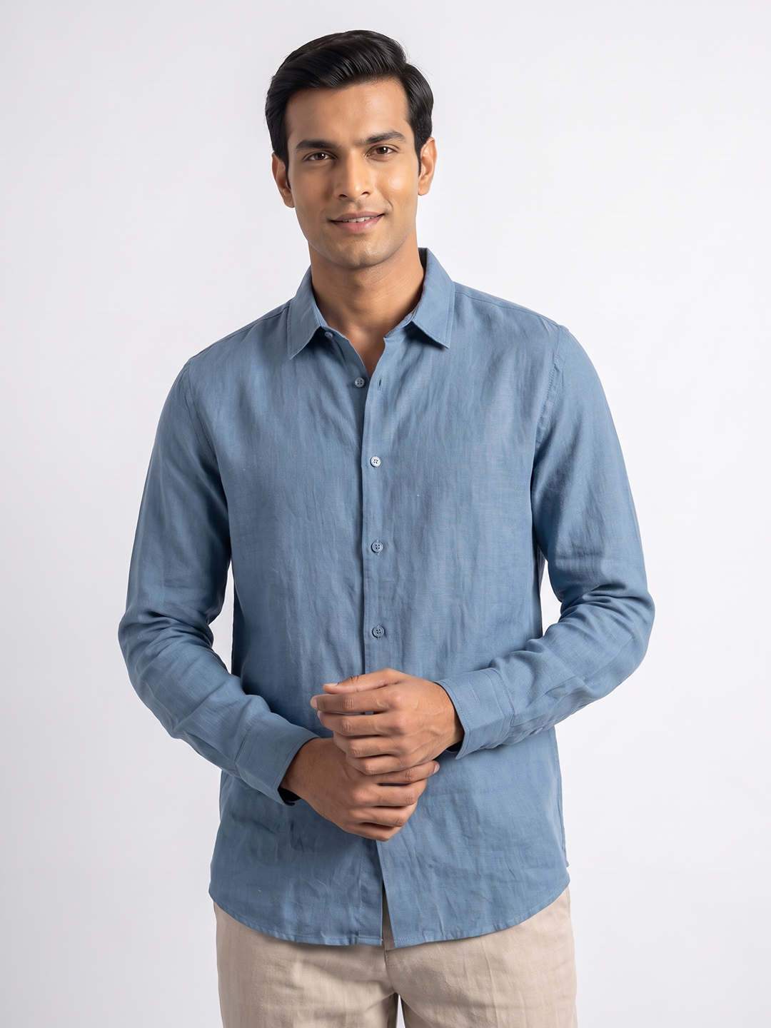 Men's Blue Tencel Linen Slim Fit Shirt