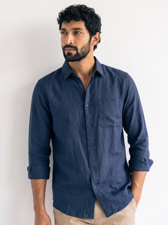 Men's Navy Cotton Linen Regular Fit Shirt
