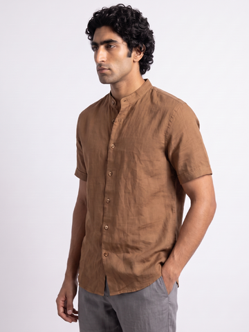 Men's Cotton Linen Regular Fit Shirt Brown