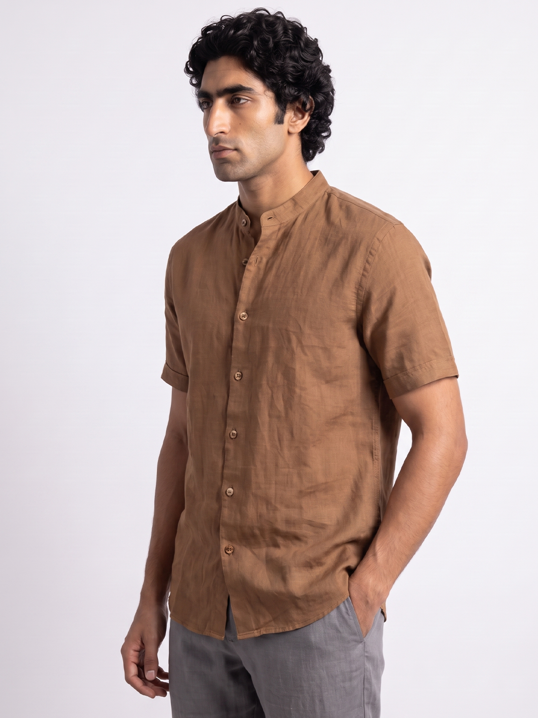 Men's Cotton Linen Regular Fit Shirt Brown