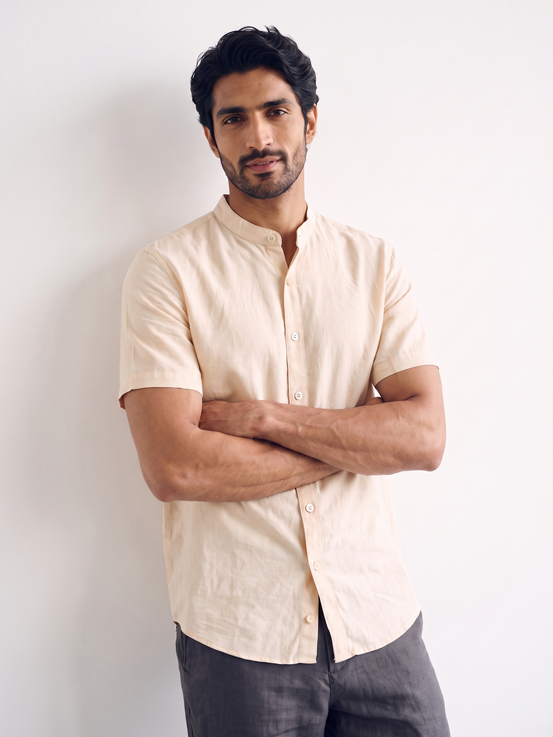 Men's Cotton Linen Regular Fit Shirt Peach