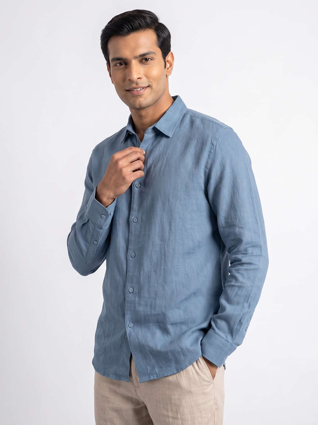 Men's Blue Tencel Linen Slim Fit Shirt
