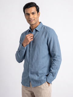 Men's Blue Tencel Linen Slim Fit Shirt