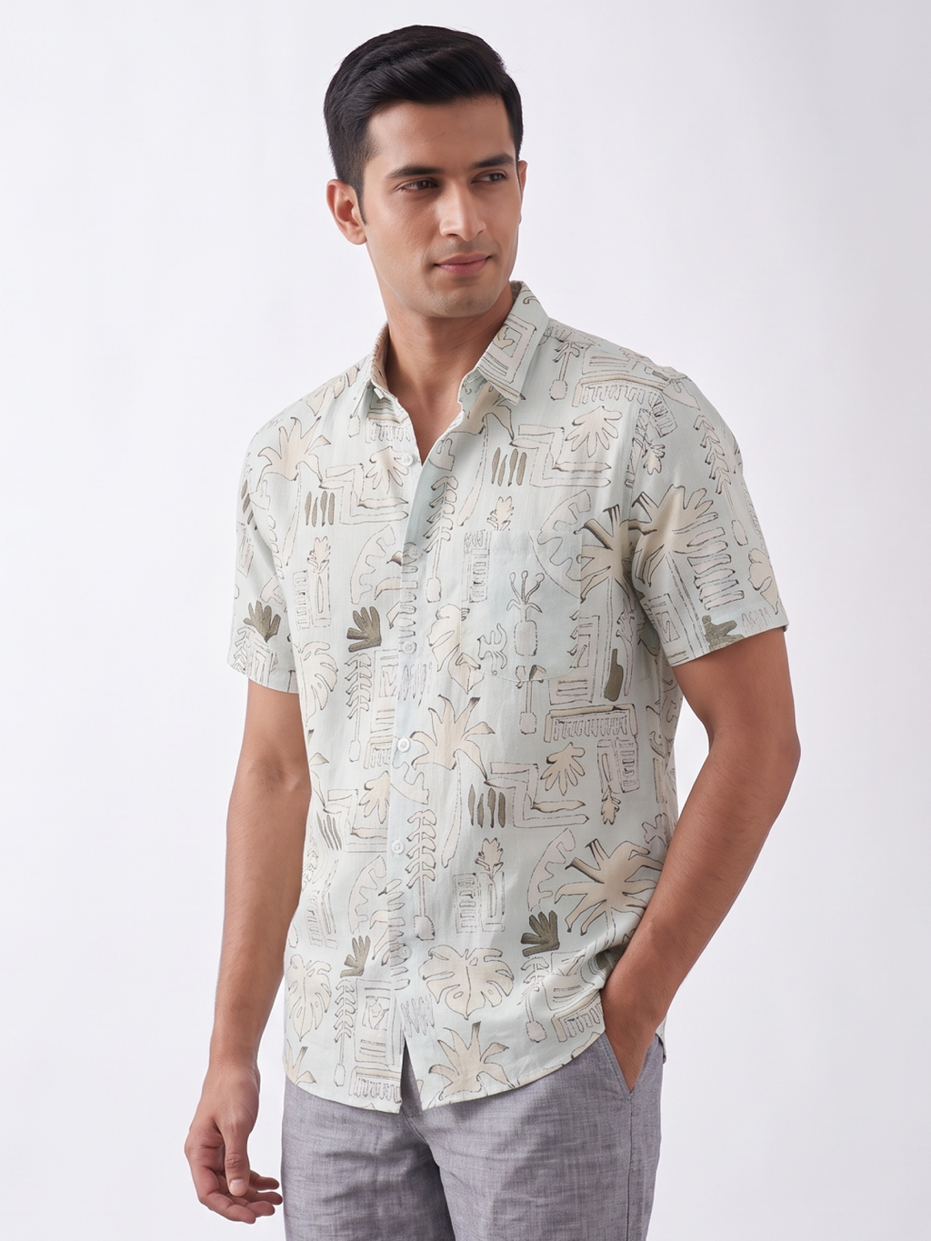 Men's Cotton Linen Regular Fit Shirt Green