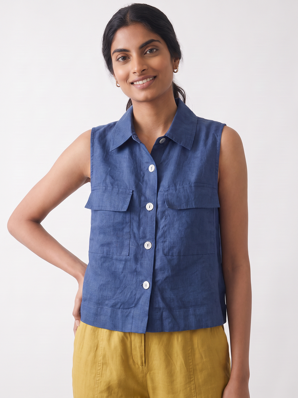 Women's 100% Linen Regular Fit Blouse Navy