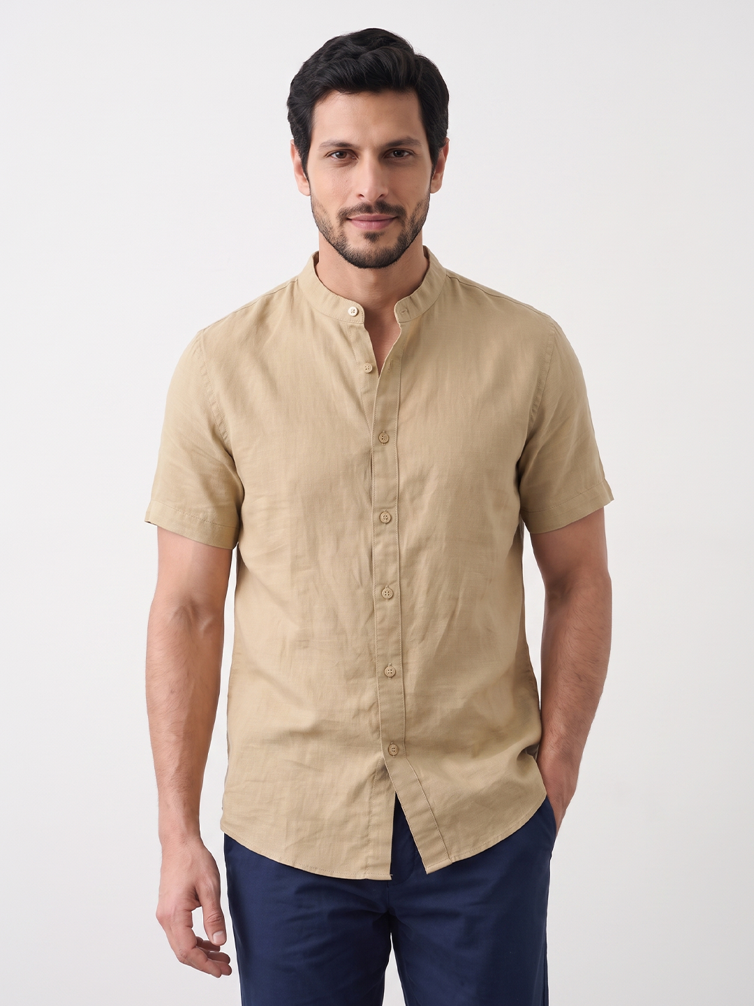 Men's Cotton Linen Regular Fit Shirt Khaki