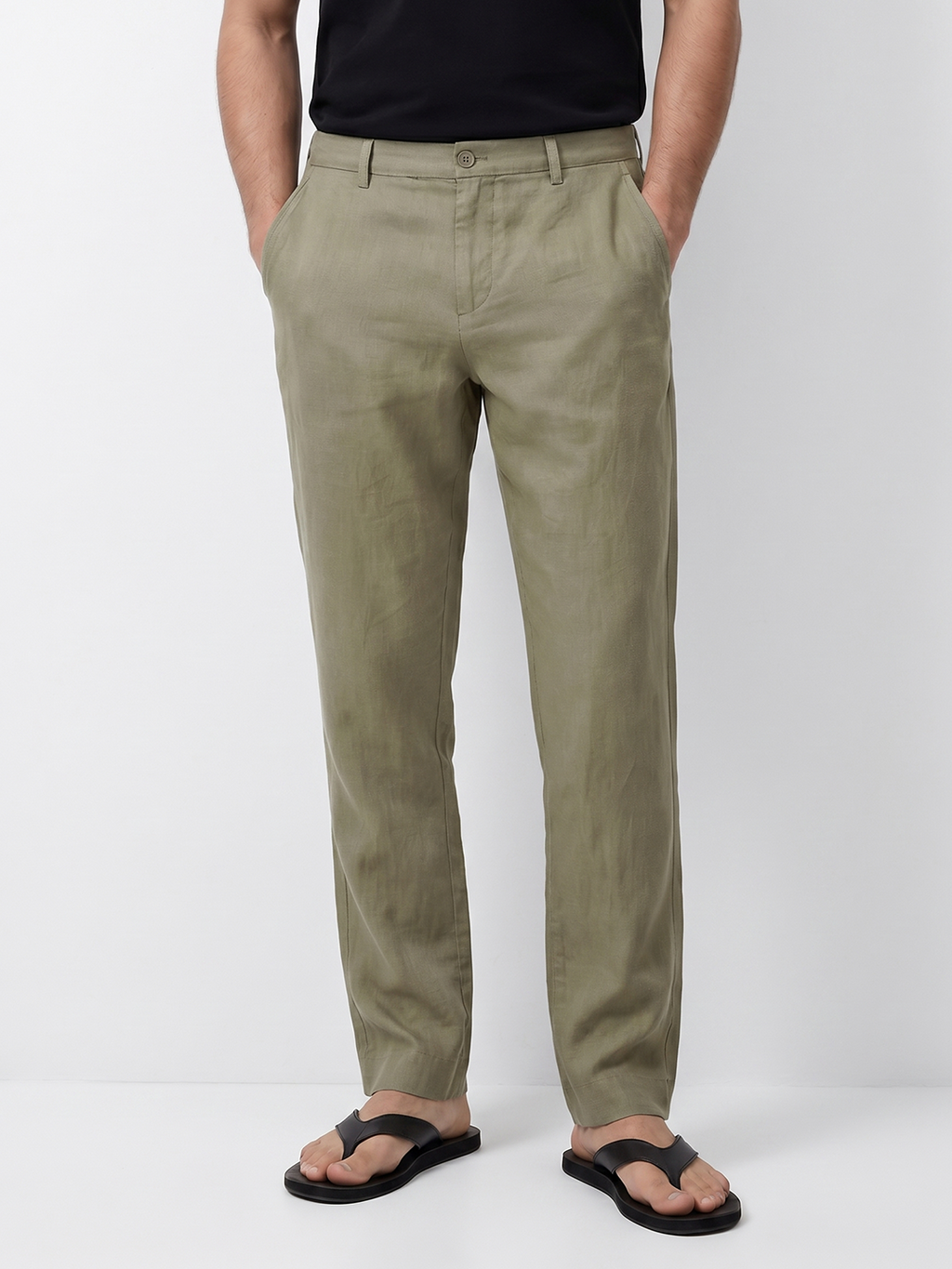 Men's Green Cotton Linen Slim Fit Pant