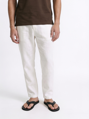 Men's White 100% Linen Regular Fit Pant