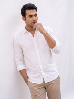 Men's White Cotton Linen Regular Fit Shirt