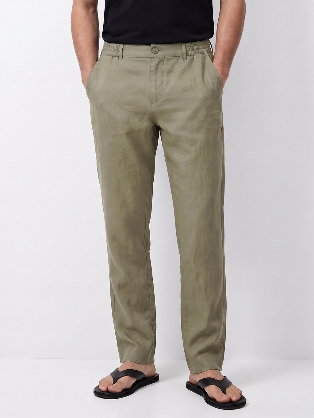 Men's Olive 100% Linen Regular Fit Pant