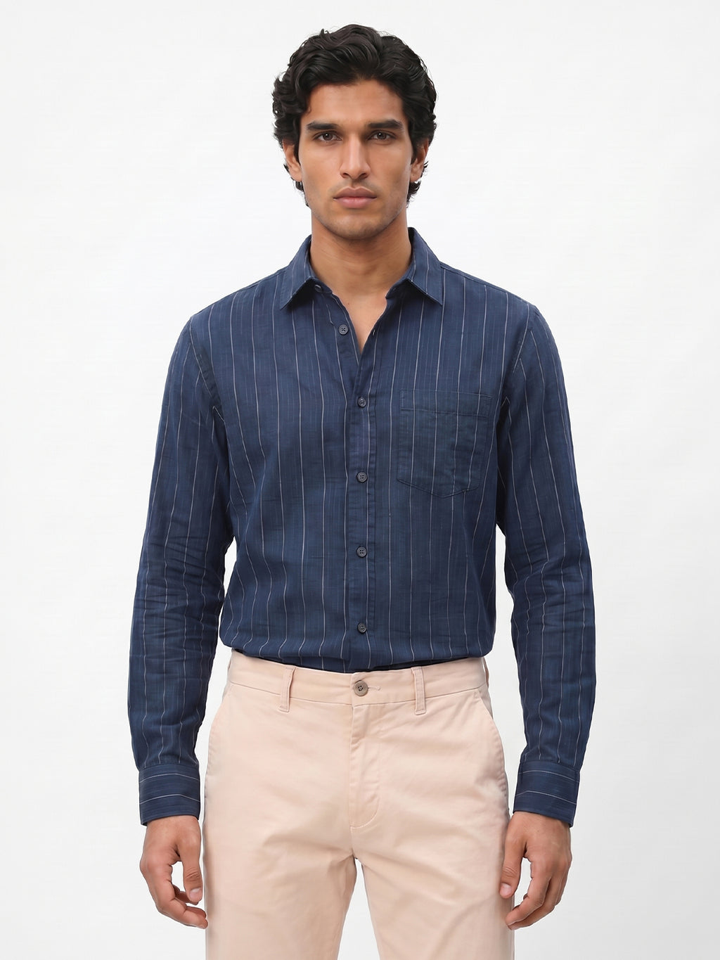 Men's Navy Cotton Lycra Regular Fit Shirt
