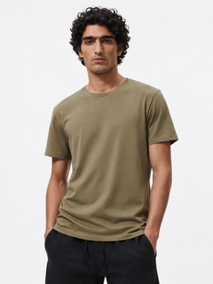 Men's Khaki Cotton Bamboo Elastane Regular Fit Tshirt
