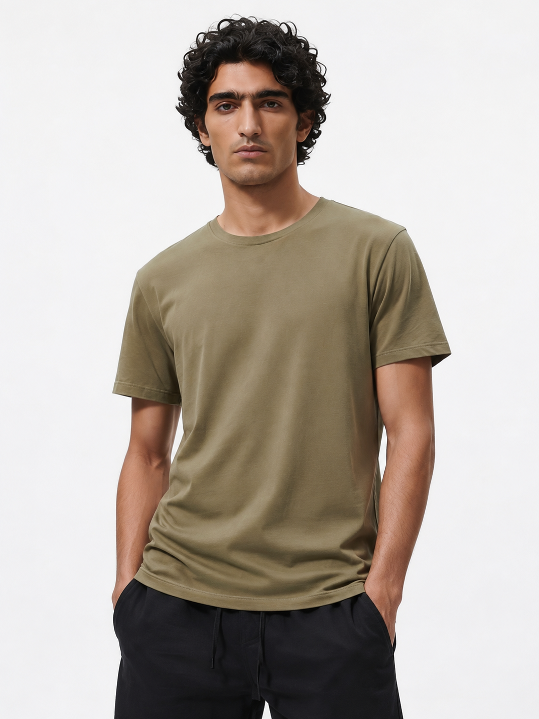 Men's Khaki Cotton Bamboo Elastane Regular Fit Tshirt