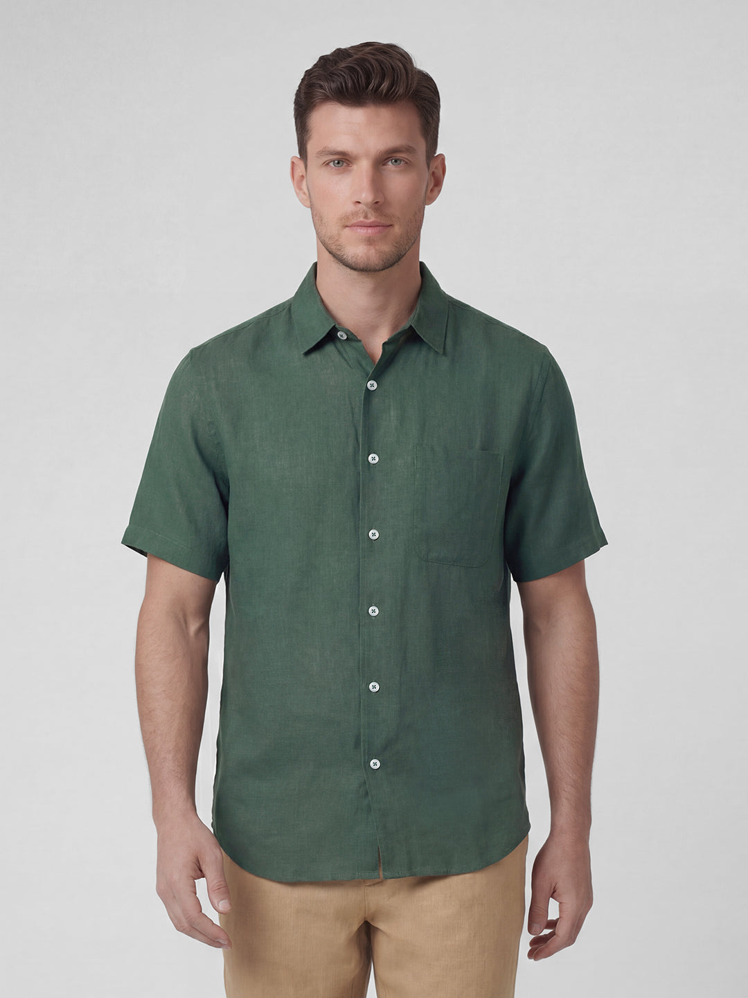 Men's Green 100% Linen Regular Fit Shirt