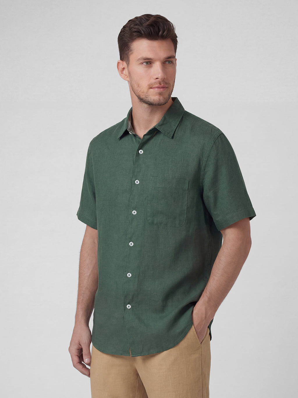 Men's Green 100% Linen Regular Fit Shirt