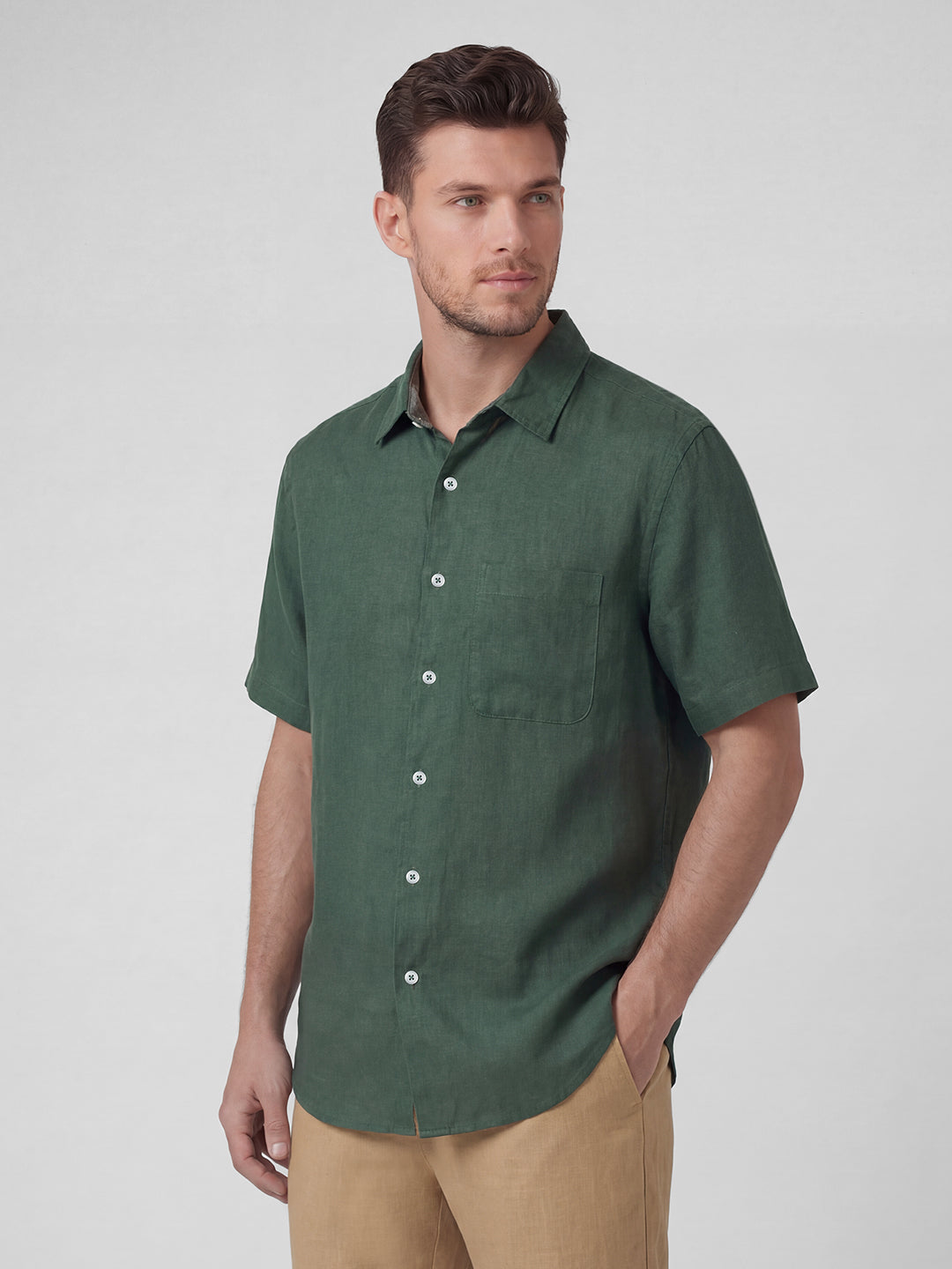 Men's Green 100% Linen Regular Fit Shirt