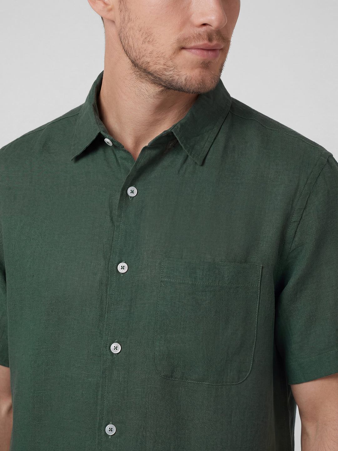 Men's Green 100% Linen Regular Fit Shirt