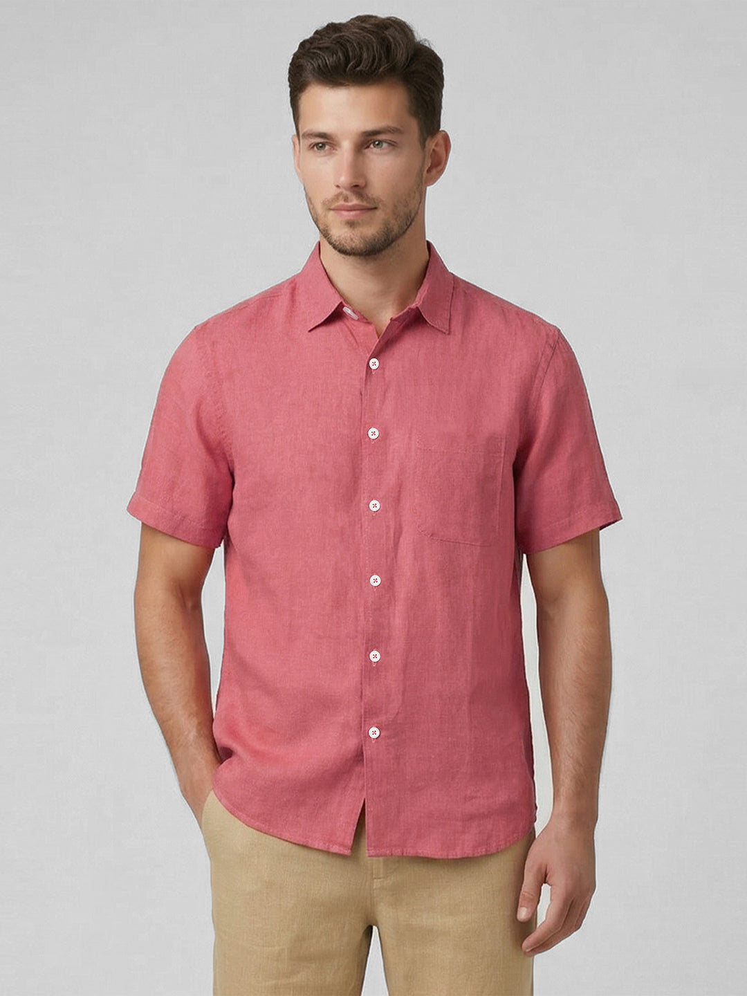Men's Red 100% Linen Regular Fit Shirt