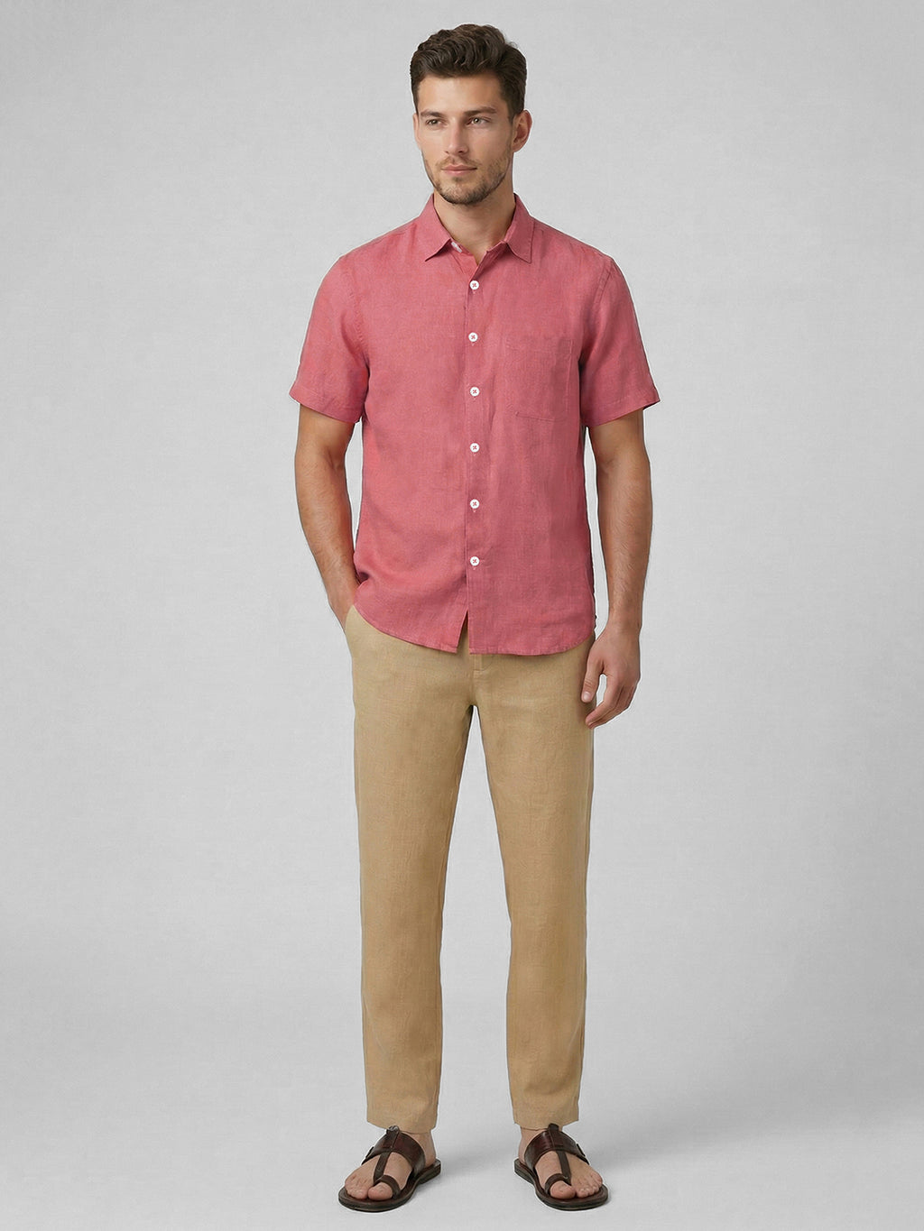 Men's Red 100% Linen Regular Fit Shirt